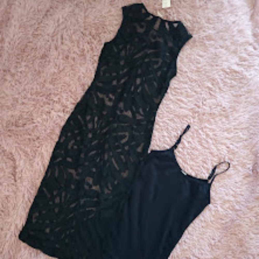 Black sexy sheer cocktail dress with bodysuit, size small